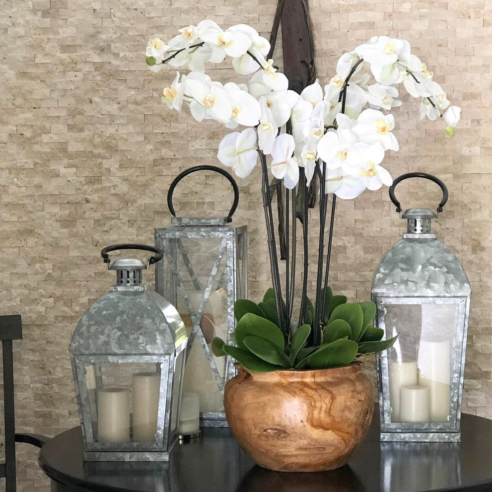 Grand bol en teck avec orchidées blanches