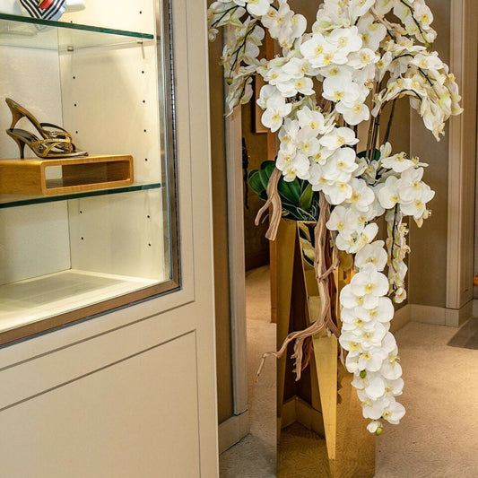 Orchidées Phalaenopsis en cascade dans un pot avec des prismes dorés.