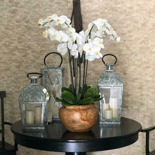 Grand bol en teck avec orchidées blanches